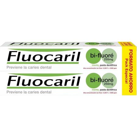 Fluocaril Bi-Fluoré Menta Pasta Dentífrica Duplo Precio Especial Pasta de dientes evita la aparición de caríes y encías inflamadas con sabor menta 2x125 ml