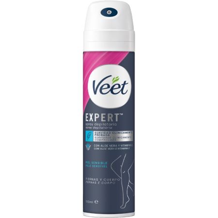 Veet Expert Spray Depilatorio Piel Sensible Spray depilatorio con propiedades calmantes elimina el vello incluso corto dendo la piel suave 150 ml
