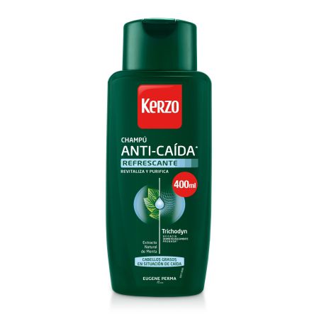 Kerzo Refrescante Champú Anti-Caída Champú anticaída refrescante revitaliza y purifica para cabellos grasos 400 ml