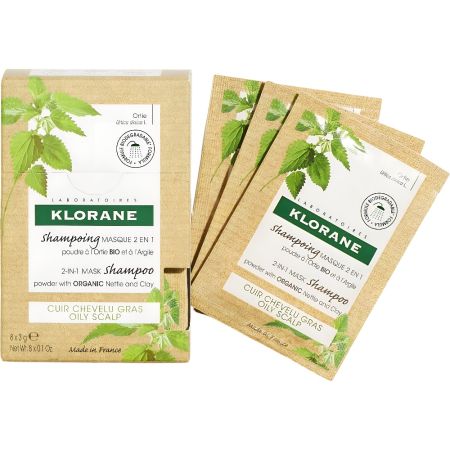 Klorane 2-In-1 Mask Shampoo Champú y mascarilla limpia y purifica el cabello graso desde la raíz 8x3 gr