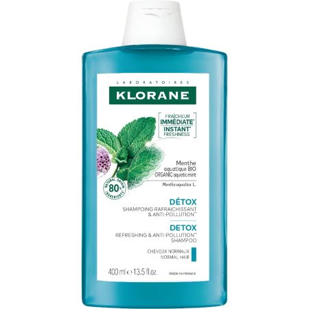 Klorane Menta Acuática Bio Detox Champú Champú refrescante limpia en profundidad y detoxifica el cuero cabelludo para cabello normal 400 ml