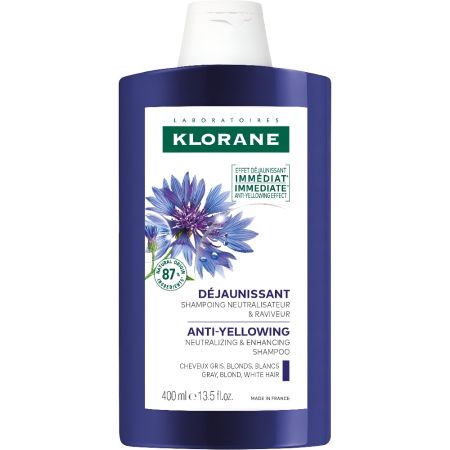 Klorane Centaurea Antiamarilleo Bio Champú Champú matificante neutraliza los tonos amarillos al instante ofreciendo brillo para cabello gris blanco o rubio platino 400 ml