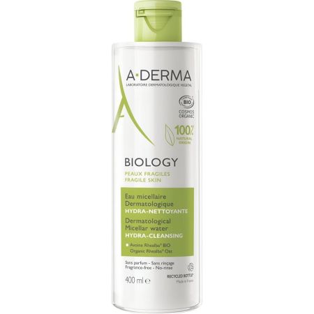 A-Derma Biology Eau Micellaire Dermatologique Hydra-Nettoyante Agua micelar vegana limpia y elimina suavemente sin resecar el rostro y ojos 400 ml