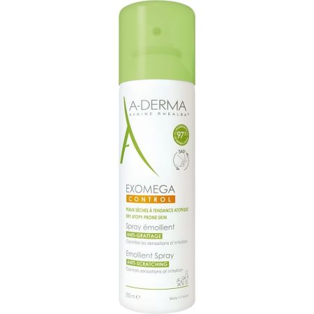 A-Derma Exomega Control Spray Émollient Anti-Grattage Spray vegano rápida absorción antirascado alivia calma la piel y disminuye la sequedad 200 ml