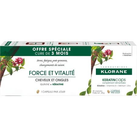 Klorane Keratincaps Cure De Force Cheveux & Ongles Complemento Complemento alimenticio devuelve la fuerza y la vitalidad al cabello manteniéndolo fuerte y sano