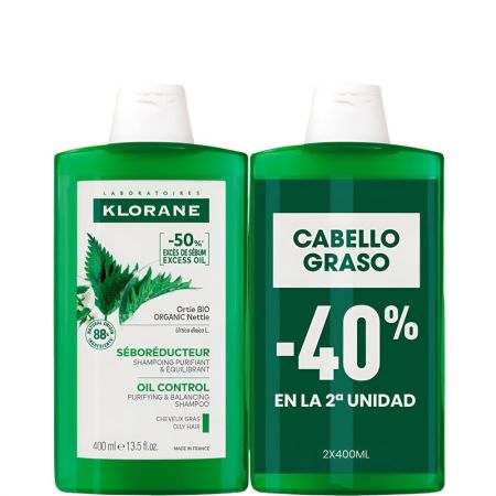 Klorane Ortiga Bio Seborreductor Champú Purificante Formato Especial Champú sobrerregulador equilibra sanea y regula el exceso de sebo para cabello graso 2x400 ml