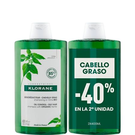 Klorane Seborreductor Champú A La Ortiga Duplo Formato Ahorro Champú sobrerregulador equilibra sanea y regula el exceso de sebo para cabello graso 2x400 ml