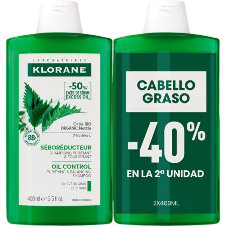Klorane Seborreductor Champú A La Ortiga Duplo Formato Ahorro Champú sobrerregulador equilibra sanea y regula el exceso de sebo para cabello graso 2x400 ml