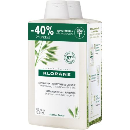 Klorane Avena Ultra-Suave Champú Duplo Formato Especial Champú ultrasuave ideal para toda la familia protege el cabello ayudando a desenredarlo fácilmente 2x400 ml