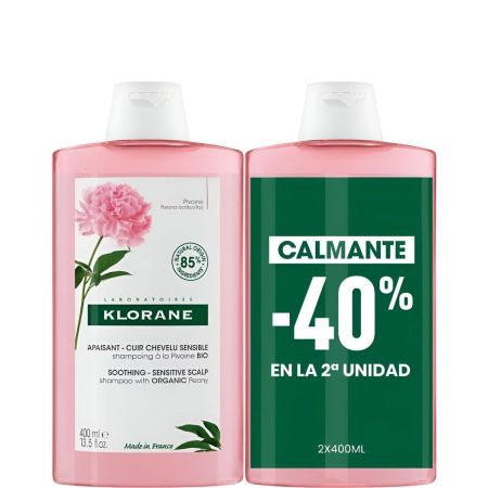 Klorane Peonía Bio Calmante Champú Duplo Formato Especial Champú calmante ofrece una sensación de alivio durante 24 horas para cuero cabelludo sensible 2x400 ml