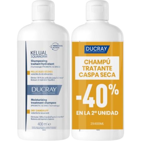 Ducray Kelual Squanorm Shampooing Duplo Formato Especial Champú trata la caspa seca hidrata y limita las recaídas para un cabello hidratado y más sano 2x400 ml
