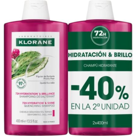 Klorane 72h Hydratation & Shine Quenching Shampoo Formato Especial Champú reparador hidrata y protege del calor ofreciendo brillo para cabello deshidratado y apagado 2x400 ml