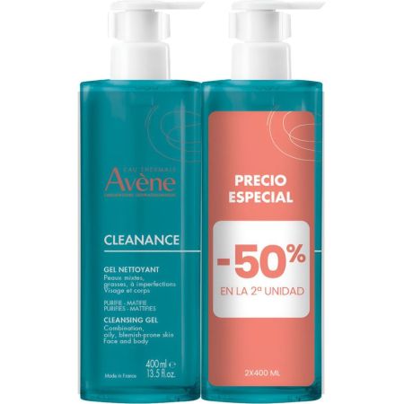 Avène Cleanance Gel Nettoyante Duplo Gel limpiador purificante matificante refresca y reduce brillos para una piel limpia fresca y purificada 2x400 ml