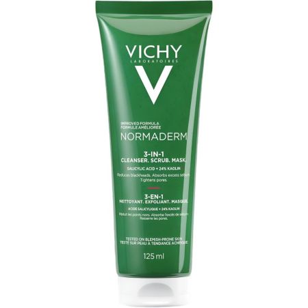Vichy Normaderm 3-In-1 Cleanser,Scrub,Mask Mascarilla limpiadora exfoliante e hipoalergénica refresca y rejuvenece eliminado impurezas 125 ml