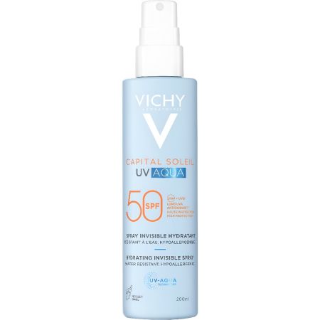Vichy Capital Soleil Uv Aqua Spray Invisible Hydratant Spf 50 Spray solar facial y corporal resistente al agua hidrata ofreciendo un bronceado saludable y radiante 200 ml