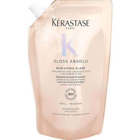 Kerastase Gloss Absolu Bain Hydra-Glaze Shampoing Recarga Champú hidratante textura gel sella cutículas ofreciendo acabado suave y brillante para cabello largo con encrespamiento 500 ml