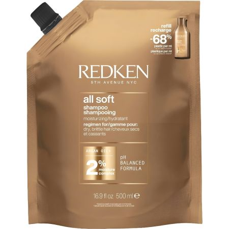 Redken All Soft Shampoo Recarga Champú nutritivo trata desde la raíz hasta las puntas ofreciendo suavidad intensa para cabello seco y frágil 500 ml