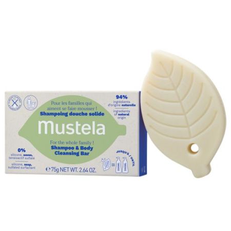 Mustela Shampoing Douche Solide Champú sólido para cabello y cuerpo limpia suavemente para toda la familia 75 gr