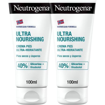 Neutrogena Crema Pies Ultra-Hidratante Duplo Crema ultrahidratante y reparadora con un 40% de glicerina y bisabolol para pies secos y estropeados 2x100 ml