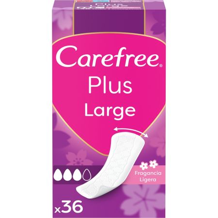 Carefree Fragancia Ligera Plus Large Protegeslips Protegeslip de rápida absorción antifugas ofrece protección duradera hasta 12 horas 36 uds