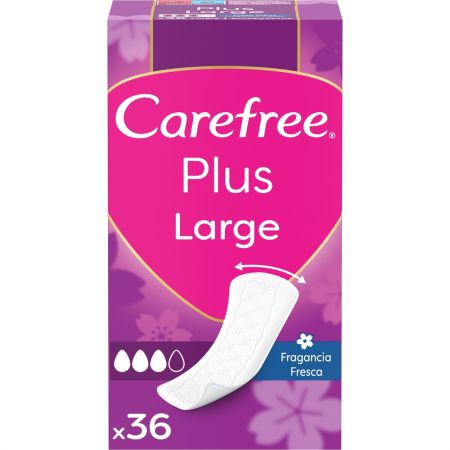 Carefree Fragancia Fresca Plus Large Protegeslips Protegeslip de rápida absorción antifugas ofrece protección duradera hasta 12 horas 36 uds