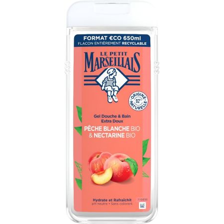 Le Petit Marseillais Pêche Blanche Y Nectarine Bio Gel Douche Gel de ducha extrasuave con ingredientes 92% de origen natural y aroma a manzana y nectarina 650 ml