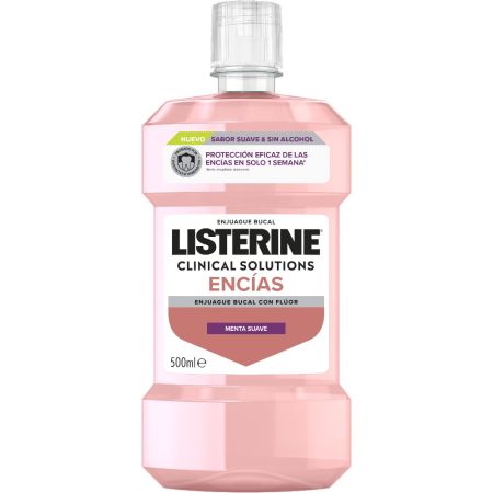 Listerine Encías Clinical Solutions Enjuague Bucal Colutorio sin alcohol combate la placa bacteriana ofreciendo protección eficaz contra encías hasta 12 semanas 500 ml