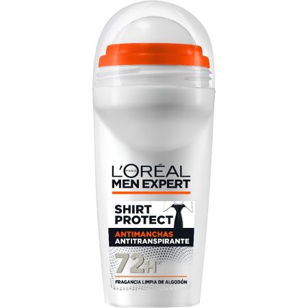 L'Oreal Men Expert Shirt Protect Antimanchas Desodorante Roll-On Desodorante antitranspirante fragancia limpia de algodón hasta 72 horas 50 ml