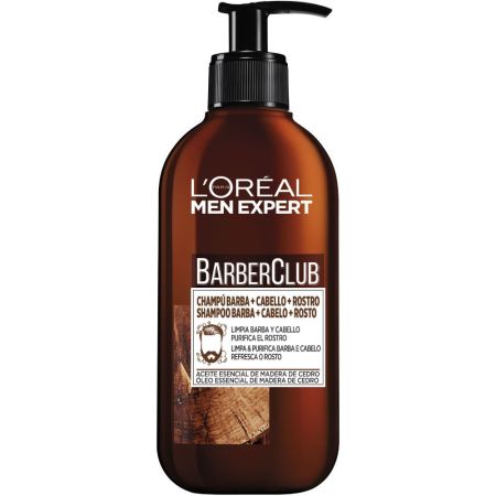 L'Oreal Men Expert Barber Club Champú Barba+Cabello+Rostro Champú para barba rostro y cabello con aceite esencial de madera de cedro 200 ml