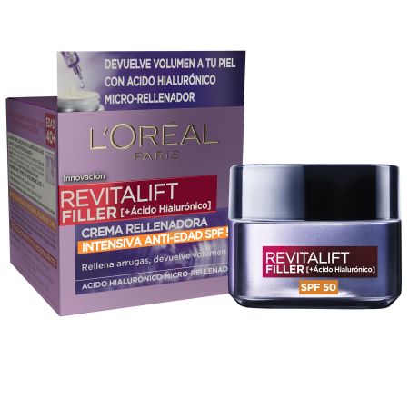L'Oreal Revitalift Filler [+ Ácido Hialurónico] Crema Spf 50 Crema de día antiedad rellena arrugas y devuelve el volumen 50 ml