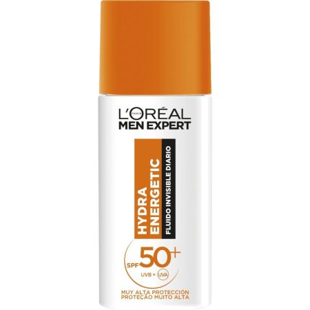 L'Oreal Men Expert Hydra Energetic Fluido Invisible Diario Spf 50+ Protector solar de textura ultraligera hidrata revitaliza y mejora el tono para acabado suave y sin marcas blancas 50 ml