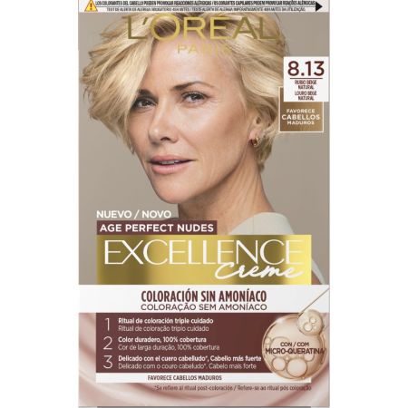 L'Oreal Excellence Creme Age Perfect Nude Coloración Tinte permanente sin amoniaco de triple acción cubre hasta el 100% de canas para cabello maduro y fino