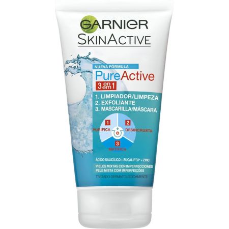 Garnier Skin Active Pure Active 3 En 1 Limpiador Y Exfoliante Gel limpiador exfoliante o mascarilla antiacné para un tono uniforme 150 ml