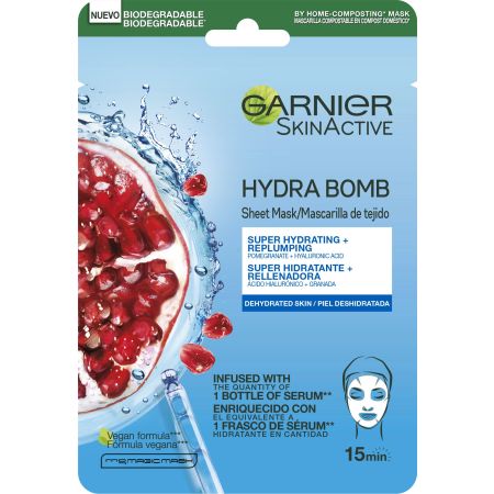Garnier Skin Active Hydra Bomb Mascarilla De Tejido Energizante Mascarilla de tela hidratante revitalizante y rellenadora con ácido hialurónico y granada