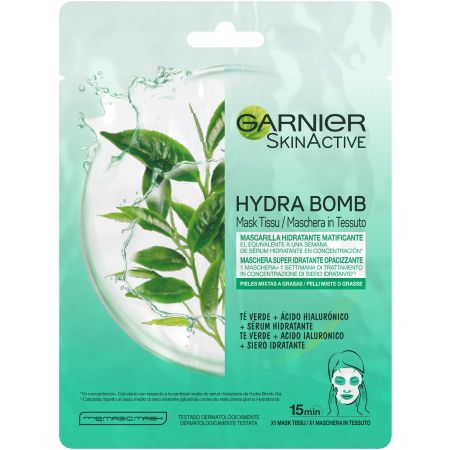 Garnier Skin Active Hydra Bomb Mask Tissu Mascarilla facial de tela vegana y matificante con ácido hialurónico y té verde
