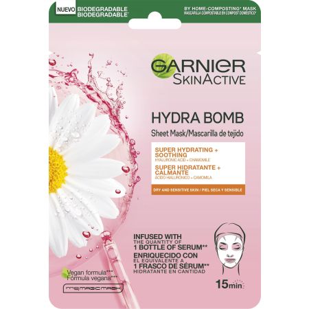 Garnier Skin Active Hydra Bomb Mascarilla De Tejido Calmante Mascarilla facial vegana hidratante y calmante con ácido hialurónico y manzanilla