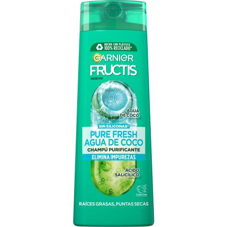 Fructis Pure Fresh Agua De Coco Champú Purificante Champú purifica y desenreda para cabello con raíces grasas y puntas secas 380 ml