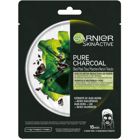 Garnier Skin Active Pure Charcoal Black Mask Tissu Mascarilla facial purificante reductora de poros con extracto de alga y ácido hialurónico