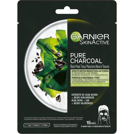 Garnier Skin Active Pure Charcoal Black Mask Tissu Mascarilla facial purificante reductora de poros con extracto de alga y ácido hialurónico