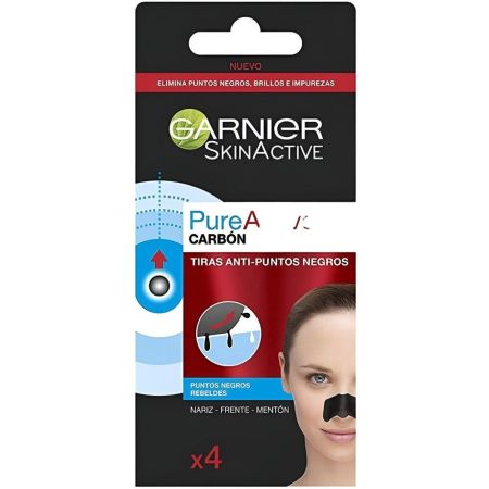 Garnier Skin Active Pure Active Carbón Tiras anti-puntos negros para nariz frente y mentón poros visiblemente purificados 4 uds