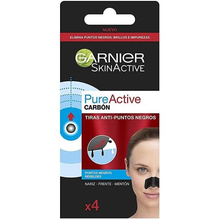 Garnier Skin Active Pure Active Carbón Tiras anti-puntos negros para nariz frente y mentón poros visiblemente purificados 4 uds