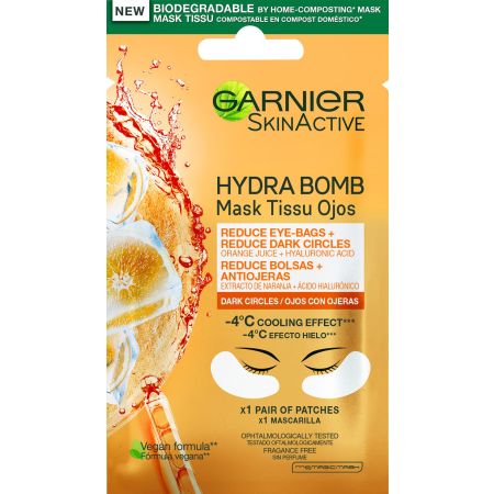 Garnier Skin Active Mask Tissu Ojos Anti-Fatiga Mascarilla para ojos reductora de ojeras con extracto de naranja y ácido hialurónico 2 uds
