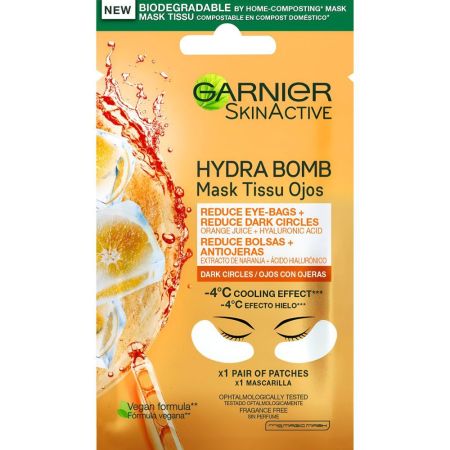 Garnier Skin Active Mask Tissu Ojos Anti-Fatiga Mascarilla para ojos reductora de ojeras con extracto de naranja y ácido hialurónico 2 uds