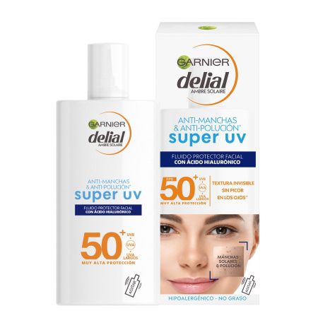 Delial Super Uv Anti-Manchas & Anti-Polución Fluido Spf 50+ Protector solar facial con ácido hialurónico hidrata y previene manchas 24 horas 40 ml
