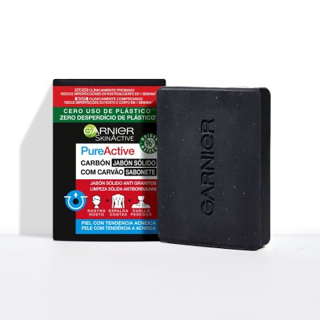 Garnier Skin Active Pure Active Carbón Jabón Sólido Jabón sólido antigranitos purifica y reduce el exceso de grasa con carbón negro y ácido salicílico
