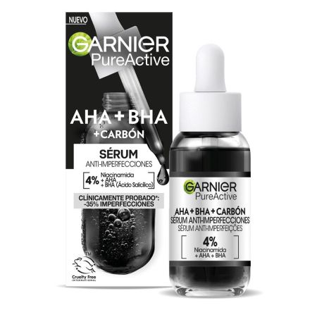 Garnier Pure Active Aha + Bha + Carbón Sérum Anti-Imperfecciones Sérum reduce imperfecciones y exfolia células muertas para una piel lisa y uniforme 30 ml