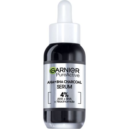 Garnier Pure Active Aha + Bha + Carbón Sérum Anti-Imperfecciones Sérum reduce imperfecciones y exfolia células muertas para una piel lisa y uniforme 30 ml