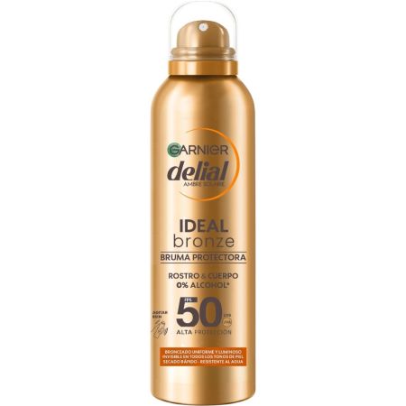 Delial Ideal Bronze Bruma Protectora Spf 50 Bruma solar bronceadora resistente al agua y sin alcohol ofrece un acabado uniforme y luminoso 150 ml