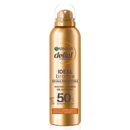 Delial Ideal Bronze Bruma Protectora Spf 50 Bruma solar bronceadora resistente al agua y sin alcohol acabado uniforme y luminoso 150 ml