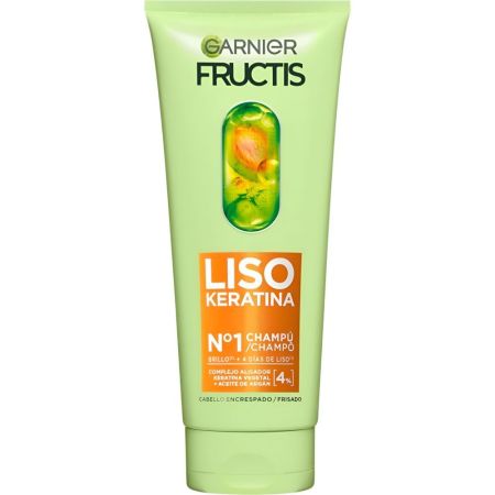 Fructis Liso Keratina Champú Nº1 Champú vegano eleva el allisado controla el encrespamiento y potencia el brillo para cabello encrespado 200 ml